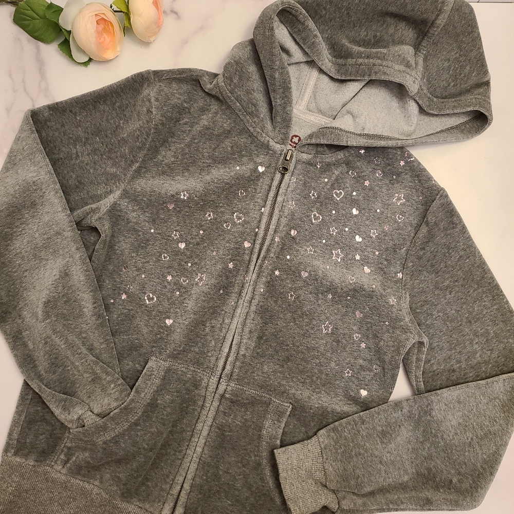 Girls hooded velour jacket with pockets. Size 10 medium.  Gray.